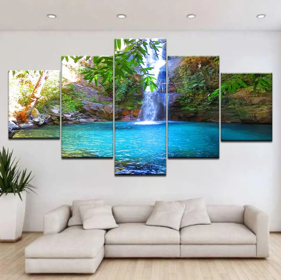 

nvas Wall Art Picture Modern Print Painting Large Peaceful Waterfall 5 Panels Landscape Pictures Photo Painting(No Frame)
