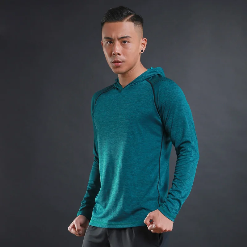 Осенняя мужская футболка для тренажерного зала, повседневная облегающая футболка с длинным рукавом, эластичная футболка для спорта, фитнеса, дышащая быстросохнущая футболка с капюшоном - Цвет: L1084 green