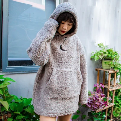 Новинка осень зима Harajuku женский элегантный стиль луна вышивка повседневные свободные толстовки шнурок мех ягненка милый пуловер размера плюс