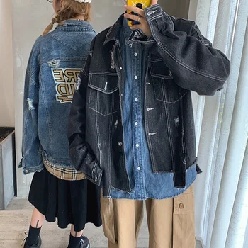

2020 Spring And Autumn New Youth Popular Hole Couple Denim Jacket Fashion Casual Wild Single-breasted Shirt Black / Blue M-2XL
