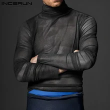 

INCERUN Tops 2021 Comeforable Men's Camiseta See Through Mesh Long Sleeve High Collar Light Weight Pullover Bottoming Tees S-5XL