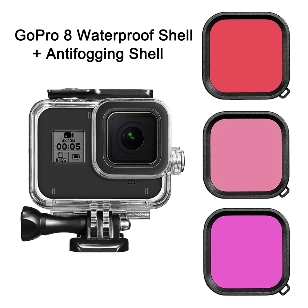 Водонепроницаемый чехол для корпуса с 3 шт противотуманной вставкой для GoPro Hero 8 Black PUO88 - Цвет: as shown