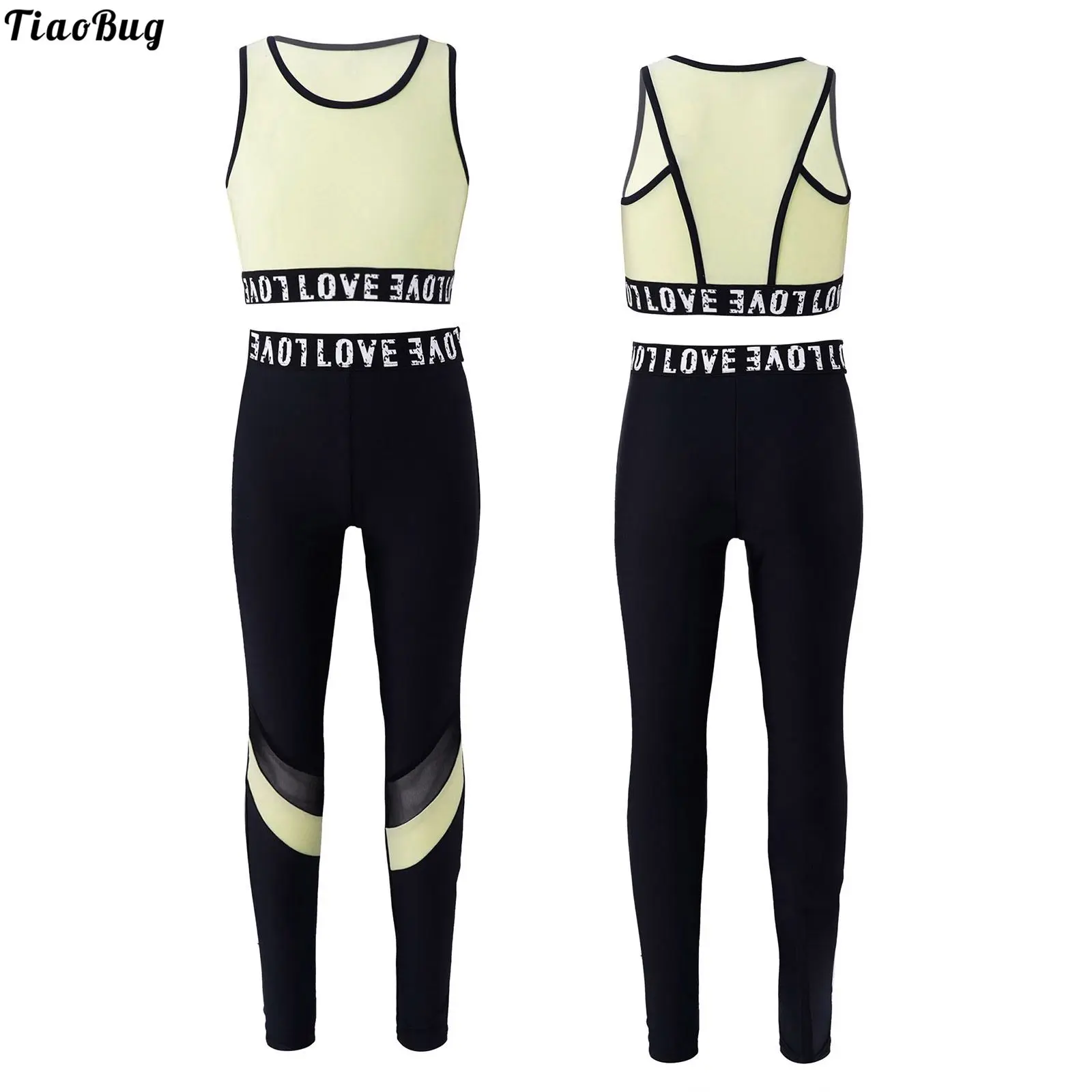 

2Pcs Kids Girls Sport Suit Round Neck Sleeveless Racer Back Letters Print Patchwork Crop Vest And Pants Set For Running Gym Yoga