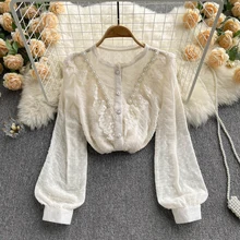 

Spring Korean Sweet Loose Clothes Pearl Beading Ruffled Blouses Women Fashion O Neck Ladies Tops Vintage Lace Shirts Women New
