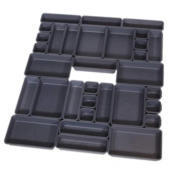 

Set of 32 Desk Drawer Organizer Trays with 3-Size Black Plastic Storage Boxes Divider Make-Up Organiser for Office