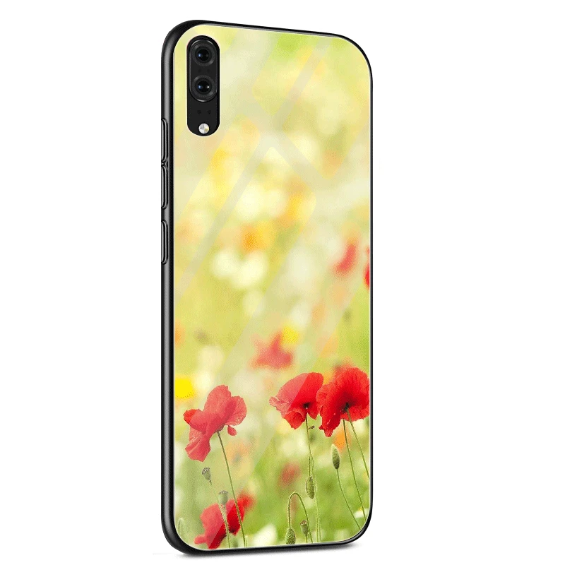 Стеклянный Чехол для мобильного телефона huawei P30 P20 P Smart P10 Y6 7A Y9 Honor 8X9 10 mate 20 Pro Lite с красными маками на черном стиле