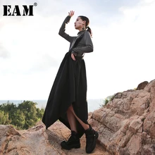 [EAM] высокая эластичная талия, черная Асимметричная юбка на бретелях, женская мода, новинка, весна-осень, 1B385
