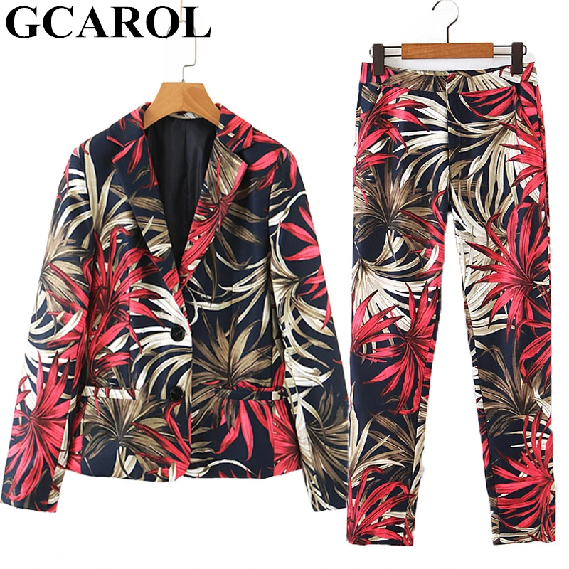 

GCAROL Women 2 Pieces Sets Floral Leaf Suit And Pencil Pants Fall Winter Vintage Single Button Blazer Ankle Length Trousers