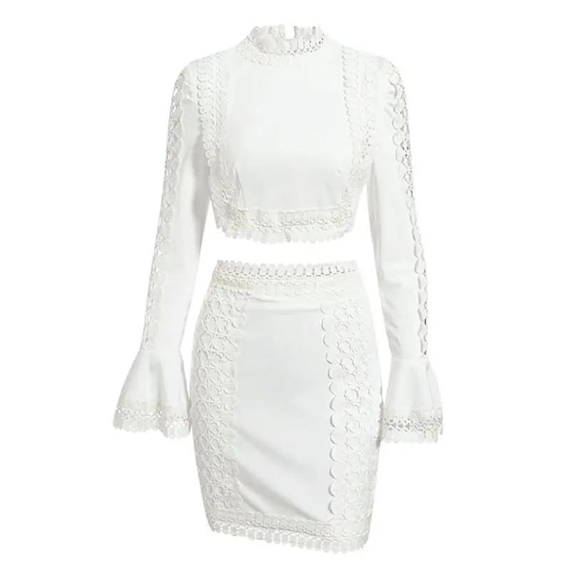 2 Piece Set Women Fashion Sexy Suits Lace Flare Sleeve Long Sleeve Casual Party Tops + Mini Skirt Set 3D17 (3)