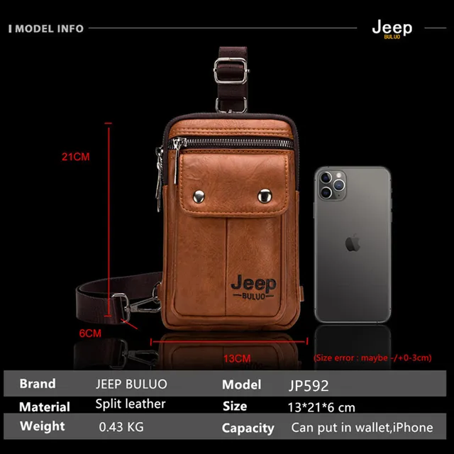 JEEP BULUO Split Leather Male Waist Pack Phone Pouch Bags Multi-function Waist Bag Men's Small Chest Shoulder Belt Bag Back Pack 2