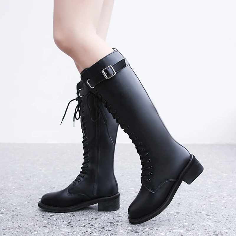 

Women Motorcycle Boots PU Leather High Boot 2019 Spring Autumn Heels Woman Knee-High Boots Fashion Lace up Female Long Boot