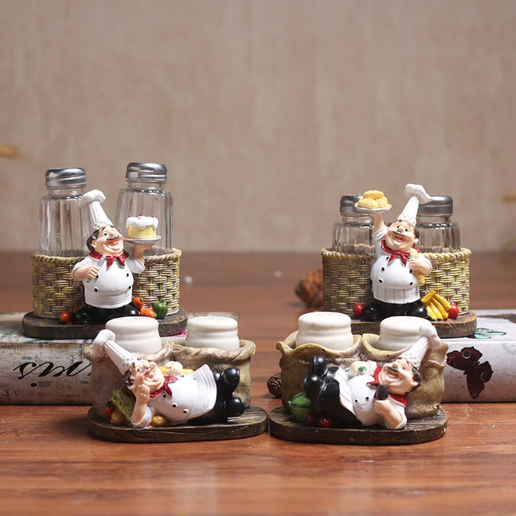 Cute Chef Statue Salt & Pepper Bottle Holder,Kitchen Cute Chef Ornaments,Home Decor Kitchen Resin Salt Shaker Crafts