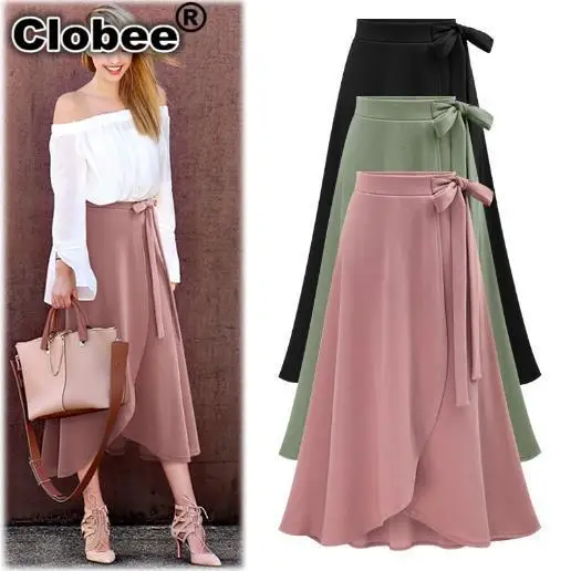 Clobee Women Skirt Summer Vintage Long Skirt Women High Waist Elegant Chiffon Skirt Lady Beach Solid Large Size Skirts M270