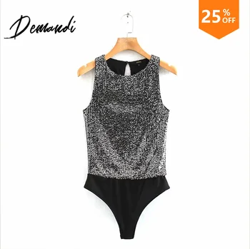 

Demandi Sexy Woman V-Neck Beaded Loose Silver Jumpsuit Round Neck Jumpsuit Shorts Sequined Jumpsuit Sleeveless Loose Jumpsuit