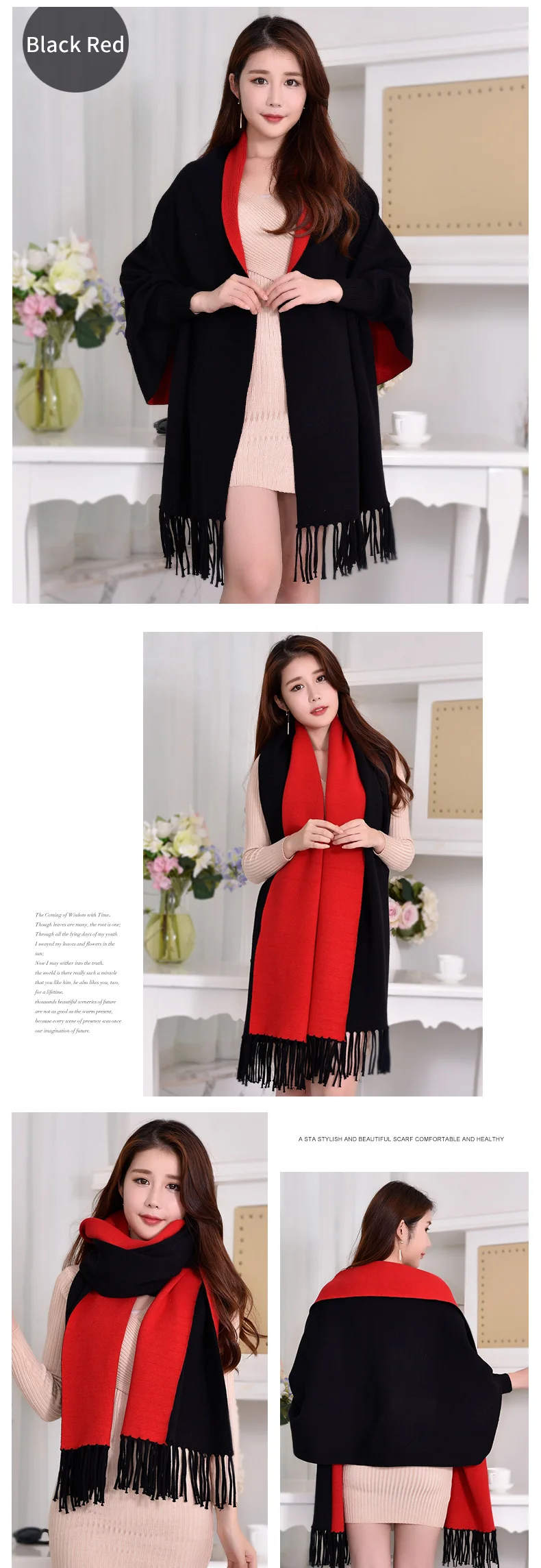 Women Winter Poncho with Sleeve Shawls and Wraps Pashmina Red Thicken Scarf Stoles Femme Hiver Warm Reversible Ponchos and Capes