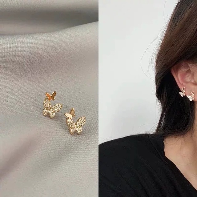 Fashion Cute Rhinestone Gold Color Butterfly Stud Earrings For Women No Piercing Fake Cartilage Earring Gifts