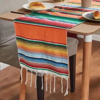 

INS Mexican Table Runner Stripe Shawl Blanket Rainbow Tablecloth Beach Mat with Tassel 35*215cm