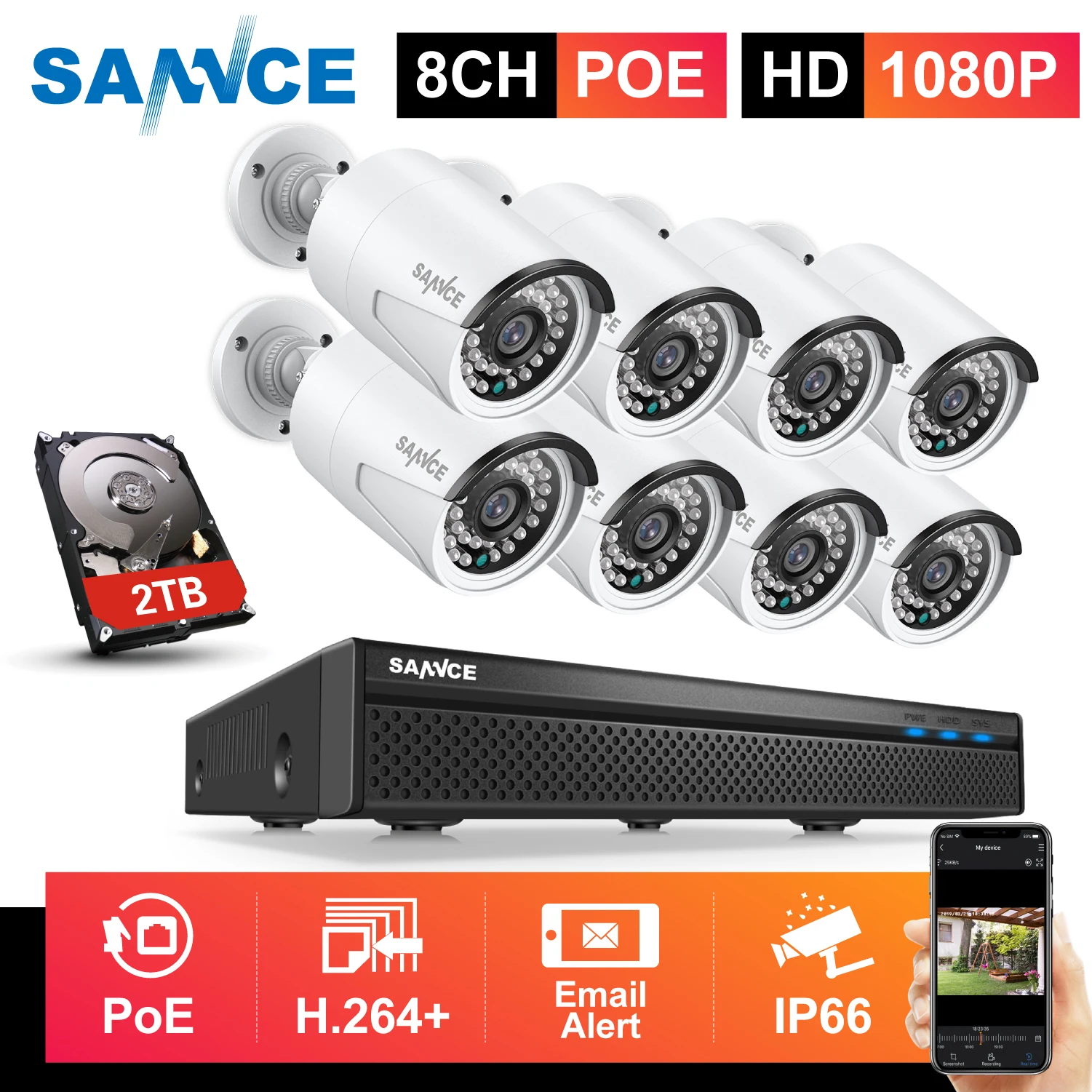 SANNCE 1080P 8CH FHD PoE Network Video Security System 8*1080P HD Weatherproof Cameras with Smart IR LEDs Surveillance CCTV Kit