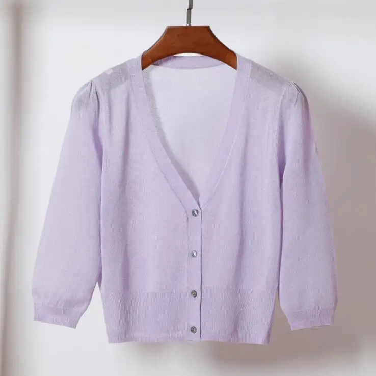 light purple 17 цветов короткий вязаный кардиган пальто летние женские три четверти V шеи шелк льда тонкие пальто пуговицы женские топы - Цвет: light purple