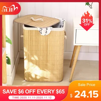 

Storage Folding Laundry Basket Organizer Hand-Woven Large Capacity Bamboo Baskets Cover Household Clothes Toys Storage Bucket