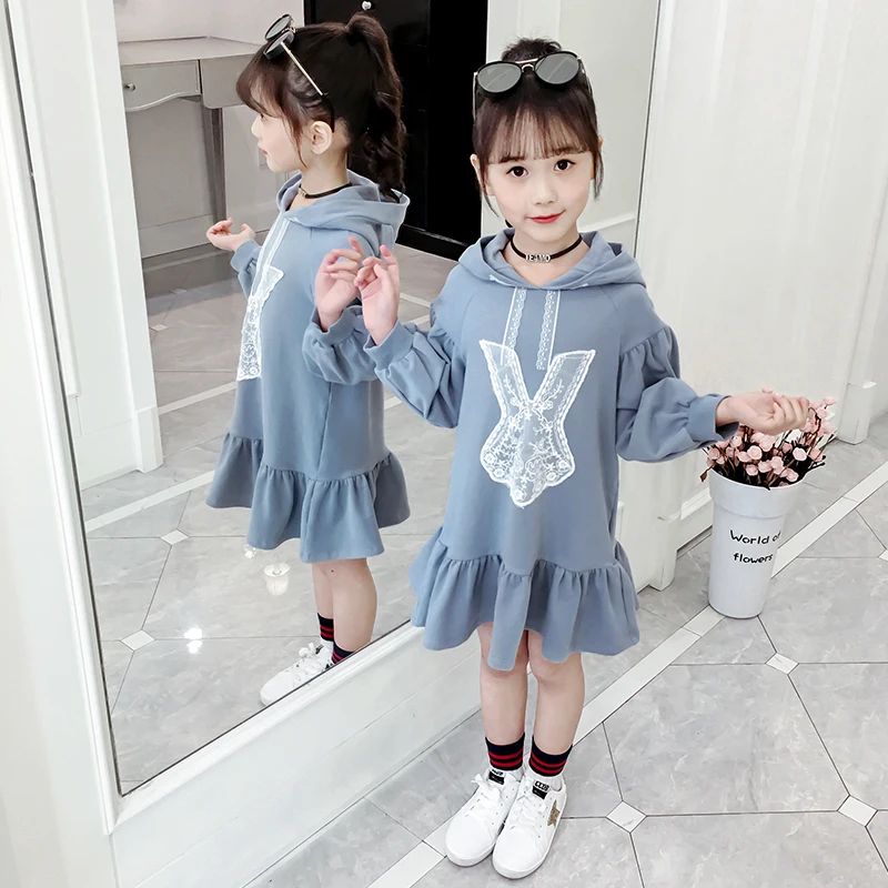 Милые платья для девочек свободный свитер с капюшоном и длинными рукавами Повседневная Детская одежда кружевные топы для девочек, Vestidos, для 6, 8, 10, 12 лет