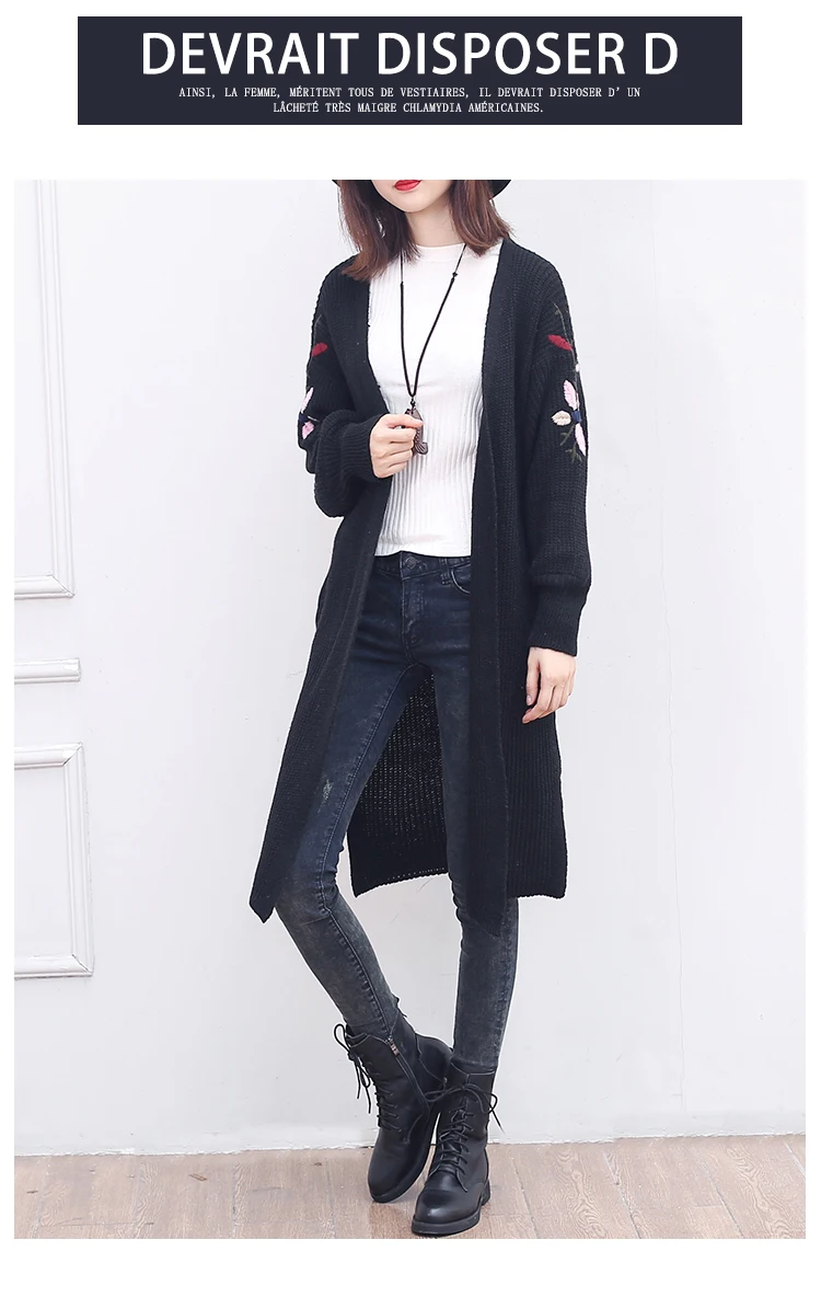 Qh2018 Autumn New Style Large Size Dress Medium-length Versatile Embroidery Long Sleeve Knitted Coat Women's Hot Selling