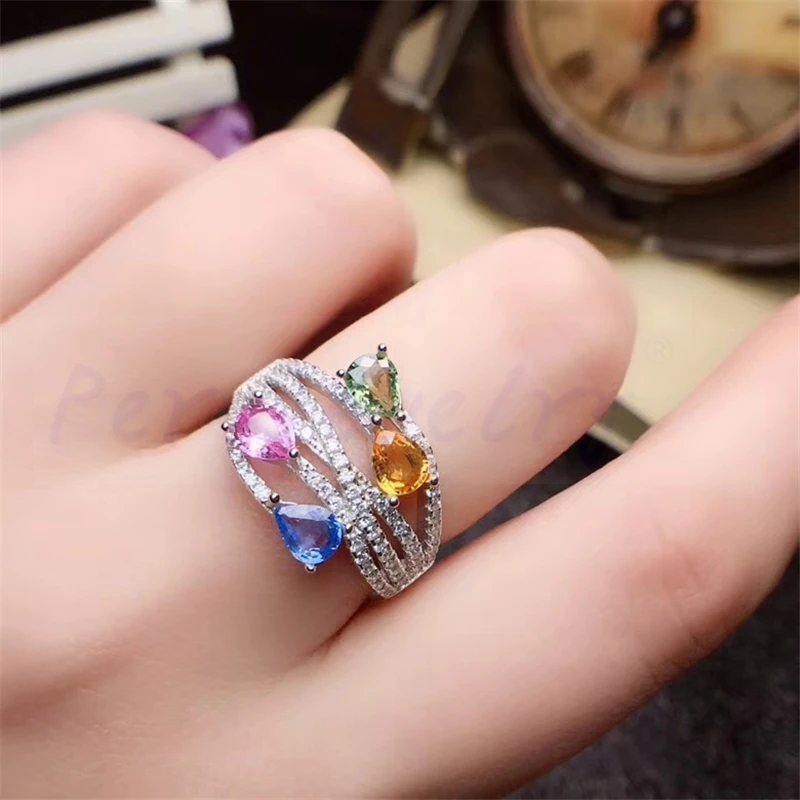 Натуральное Настоящее сапфировое кольцо класса люкс 0.35ct* 4 шт драгоценный камень Серебро 925 пробы ювелирные украшения# R991204
