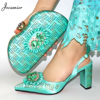 

Teal Green Color African Women Party Italian Shoe with Matching Bag for Women Ladies Shoes and Bag Set Decorated Rhinestones T74