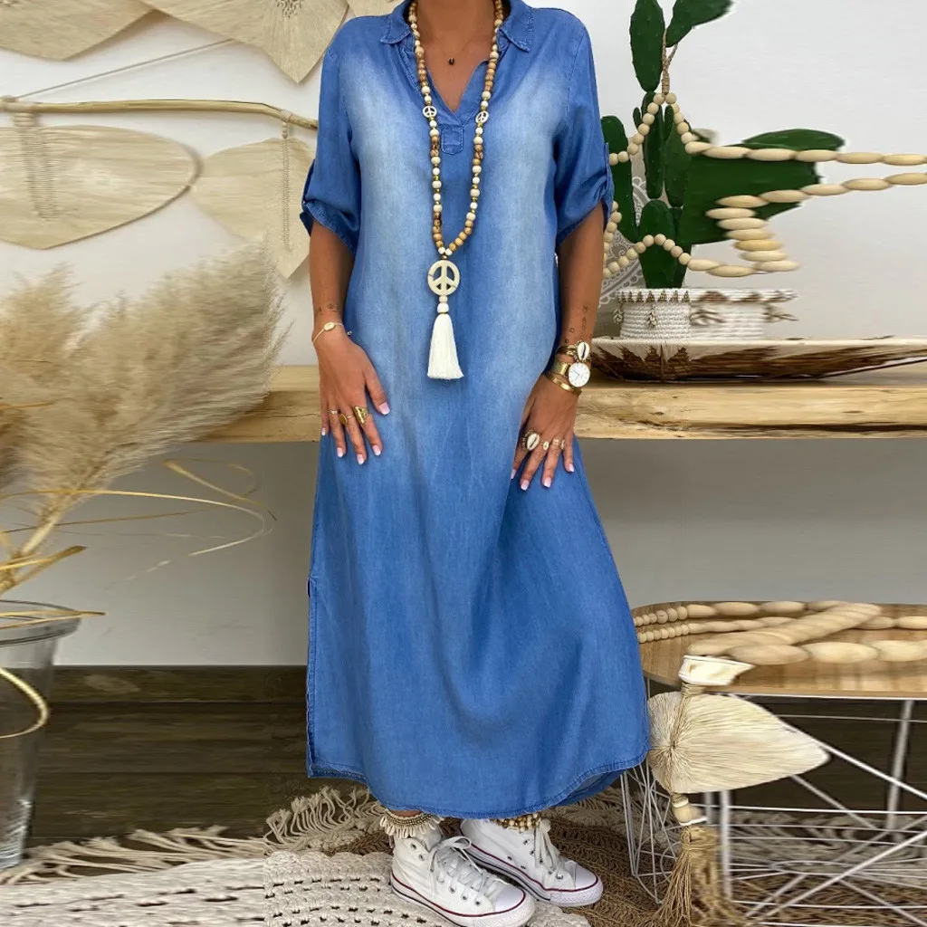 Summer Denim Dress For Women 2021 Casual Spring Blue V-Neck Half Sleeve Maxi Dresses Plus Size Split Long Dresses Vestidos 3XL 2