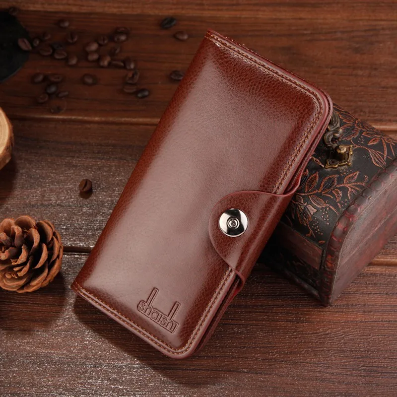 

Vintage Men's Wallet Magnet Hook Three Fold Long Wallets Leather Compartment Purse Hasp Card Package Made of Natural for Man Men