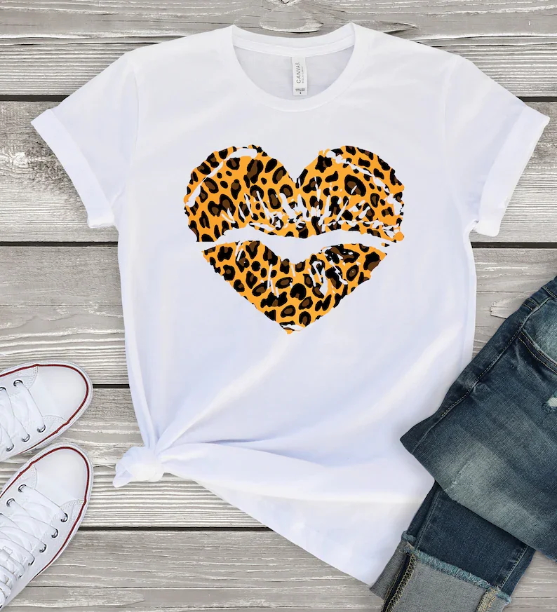 

leopard print heart shaped lips kiss me t shirt print pattern Fashion Casual Cotton Round Neck Female Shirt Short Sleeve Top Tee