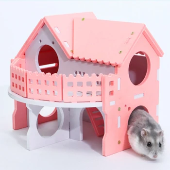 

Cute Small Animal Cages Rabbit Hamster House Double layer Skateboard Spinning Wheel Hamster Gerbil Mouse Pet Cage House