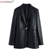 Women's Faux Leather Jackets Autumn Long PU Black Elegant Outwear Fall Spring Loose Fitted Blazer Coat with Pockets