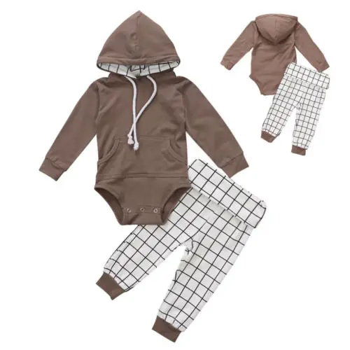  2 pieces Solid Long sleeve Hoodie Top and Stripe Pant Set For Baby Boy Clothes