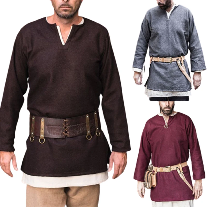 Medieval Men Shirt Viking Knight Tops Tunic Warrior Pirate Costume Adult Long Sleeve Stage Costumes 2PCS set S-XXXL |