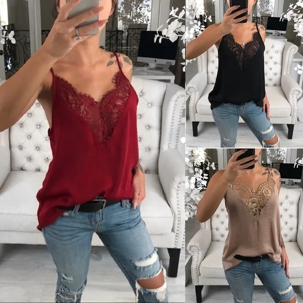 HEFLASHOR Casual Loose Summer Vest Women Sexy Lace V Neck Sling Tops Sleeveless T-Shirt Solid Spaghetti Straps 2020 Fashion | Женская