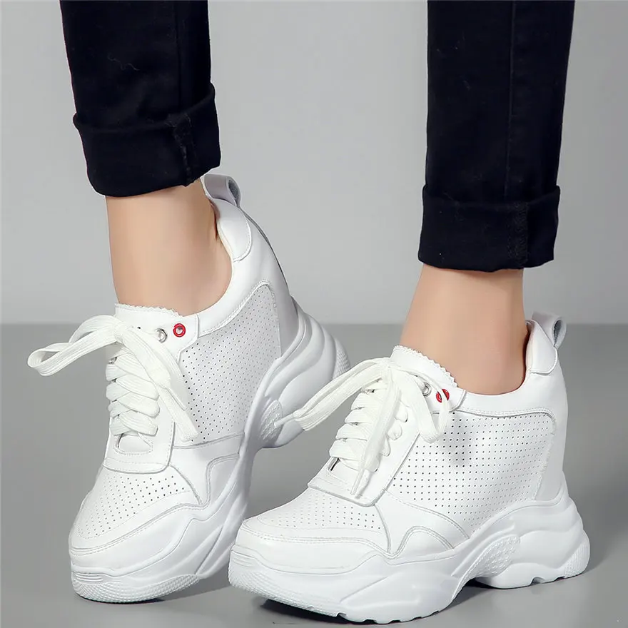 

Casual Shoes Women Lace Up Cow Leather Wedges High Heel Motorcycle Boots Female Round Toe Fashion Sneakers Platform Pumps Shoe
