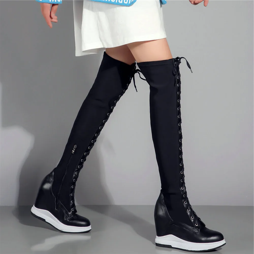 2021 Platform Pumps Shoes Women Genuine Leather Wedges High Heel Over The Knee Boots Female Stretchy Thigh High Fashion Sneakers