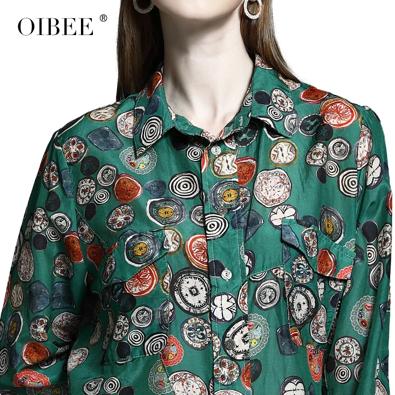 OIBEE2019 Осенняя женская новая рубашка Женская свободная Зеленая Корейская версия жира мм большой размер с длинными рукавами Цветочная рубашка