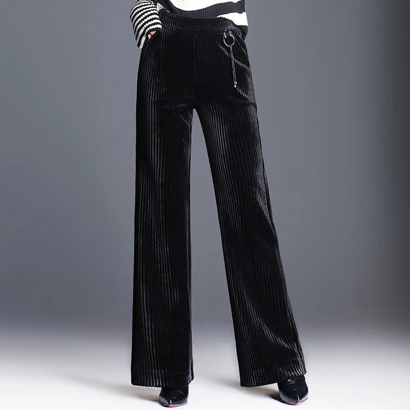 

Autumn Winter Women Wide Leg Pants Office Lady High Waist Corduroy Loose vertical stripe Trousers Plus Size Straight Pants D361