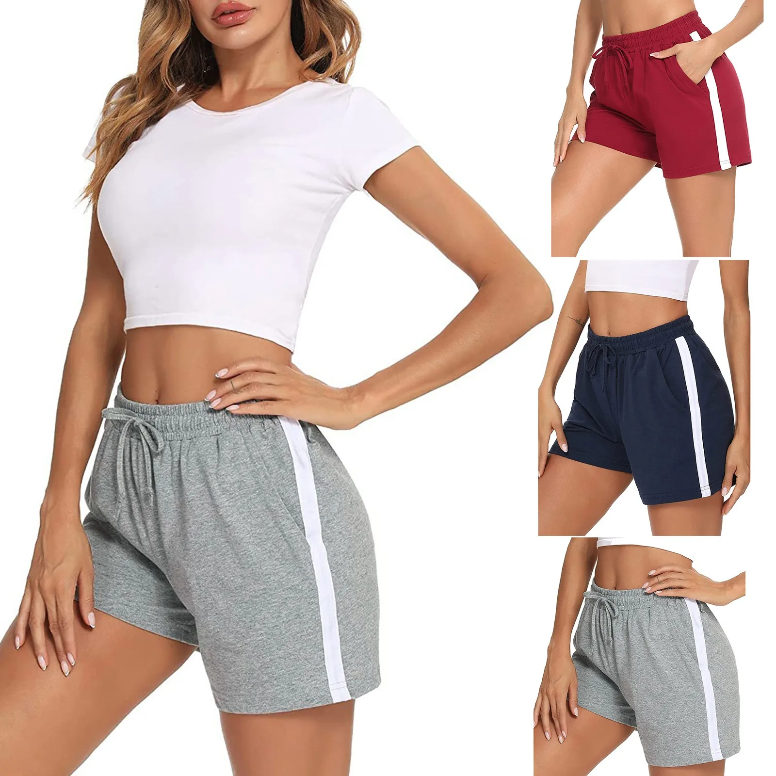 

Спортивные шорты с эластичным поясом для женщин, однотонные тренировочные штаны для йоги, облегающие шорты с карманами, спортивная одежда с кулиской, брюки