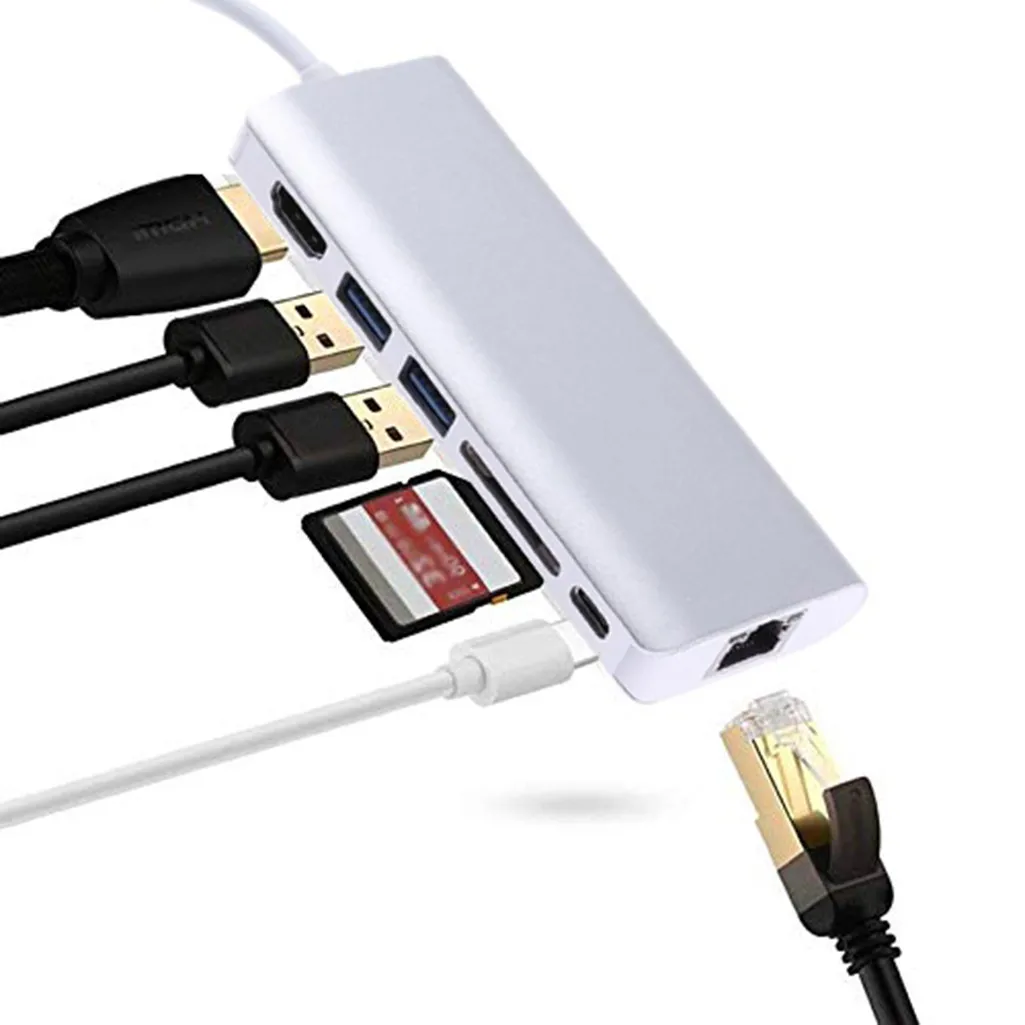 6 в 1 концентратор USB Type C Hdmi 4K USB C концентратор для Gigabit Ethernet Rj45 Lan адаптер usb-хаб аксессуары для ноутбуков
