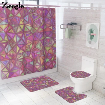 

Bath Mat Shower Curtain Set Creative Bathroom Floor Mat Shower Room Geometric Rhombus Printed Bath Carpet Absorbent Toilet Rugs