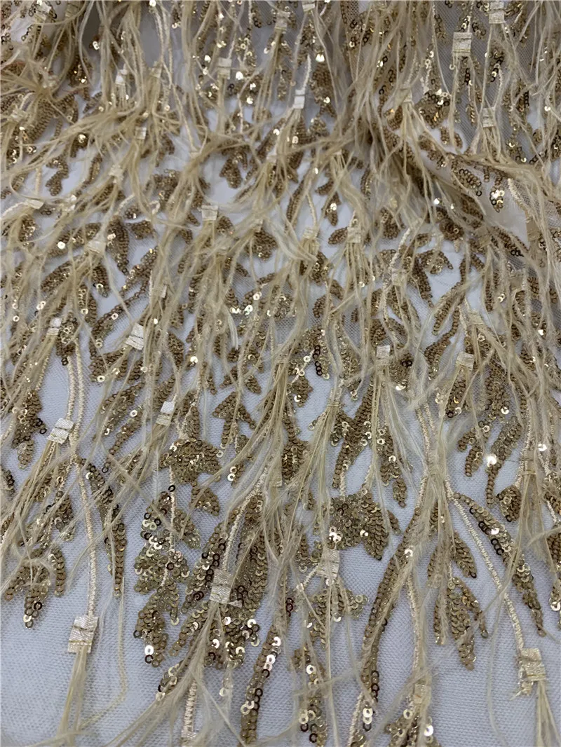 Latest Tassels Sequins African Lace Elastic Fabrics Sequined Embroidered Nigerian Feather Tulle Lace Wedding Fabrics