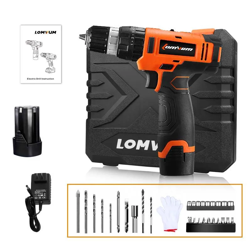 

LOMVUM 12V 16V 24V Cordless Screwdriver Speed Adjustable Impact Drill Electric 2 Battery Rechargeable Hammer Keyless Chuck ST
