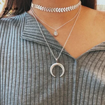 

Tocona Boho Moon Pendant Necklace for Women Silver Color Clear Crystal Stone Leaf Chain Chocker Multi-layer Jewelry 9752
