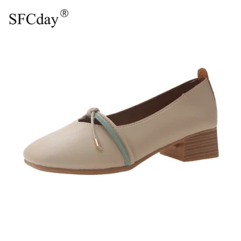 

New 2020 Women Shoes Slip on Mid Heel Pumps Tie Knot Female Leather Elegant Square Toe Shoes Ladies Fashion Loafers Autumn