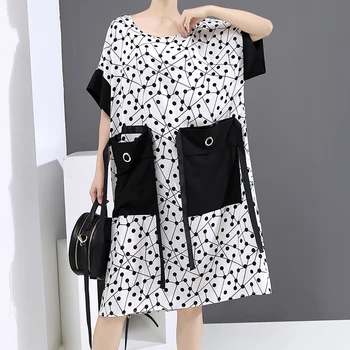 

Summer New Big Pocket Ribbon Splice Short Sleeve Straight Dress Women Plus Size Fashion Loose Casual Dot Mid-long Dress 2020