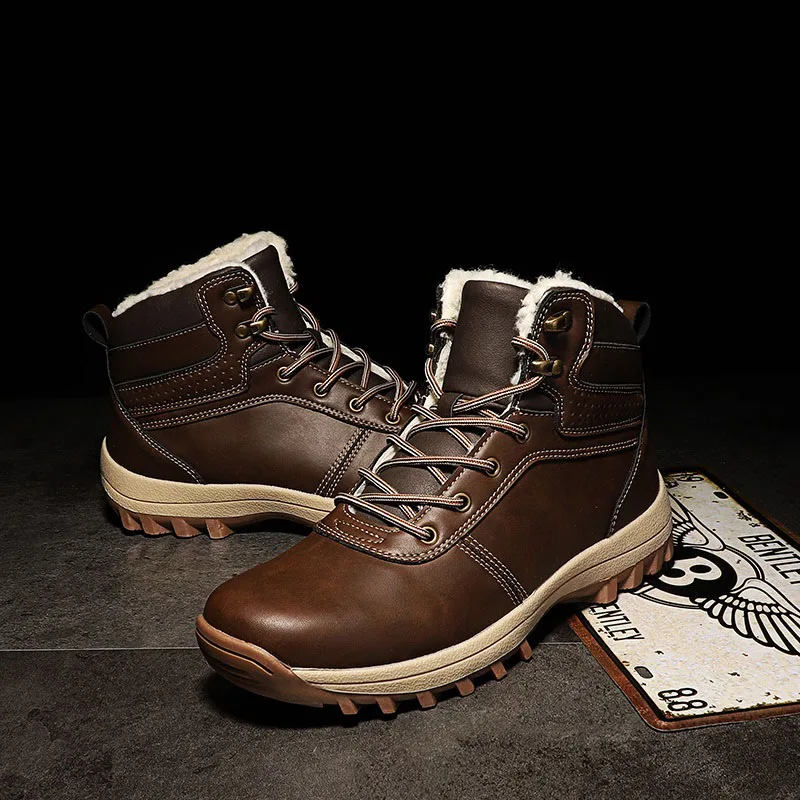 New Pu Leather Non-slip Men Ankle Boots Men Boots High Top Super Warm Plush Snow Boots Outdoor Casual Men Winter Shoes - Цвет: Dark Brown