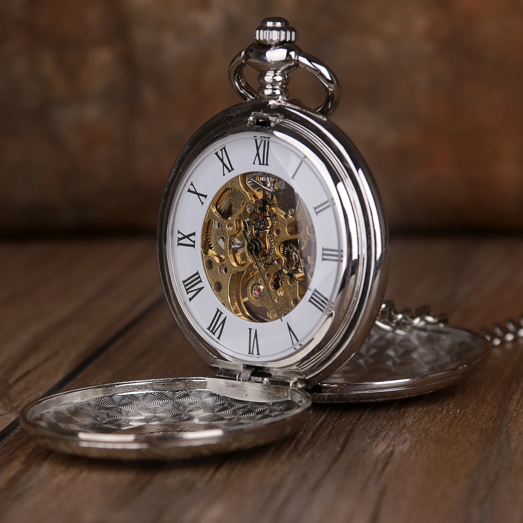 New Silver Mechanical Pocket Watch Mens Classic Elegant Hollow Skeleton Pocket Watch Retro Male Clock Pendant FOB Chain Watches
